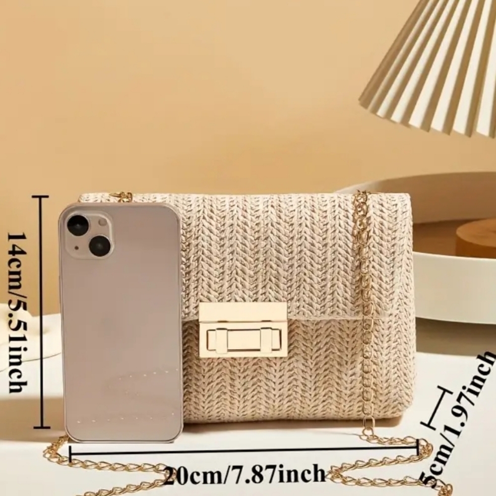 Women's Beige Woven Chain Bag with Gold Hardware & Finishings, 5.5×8×2, NWOT - Picture 2 of 5